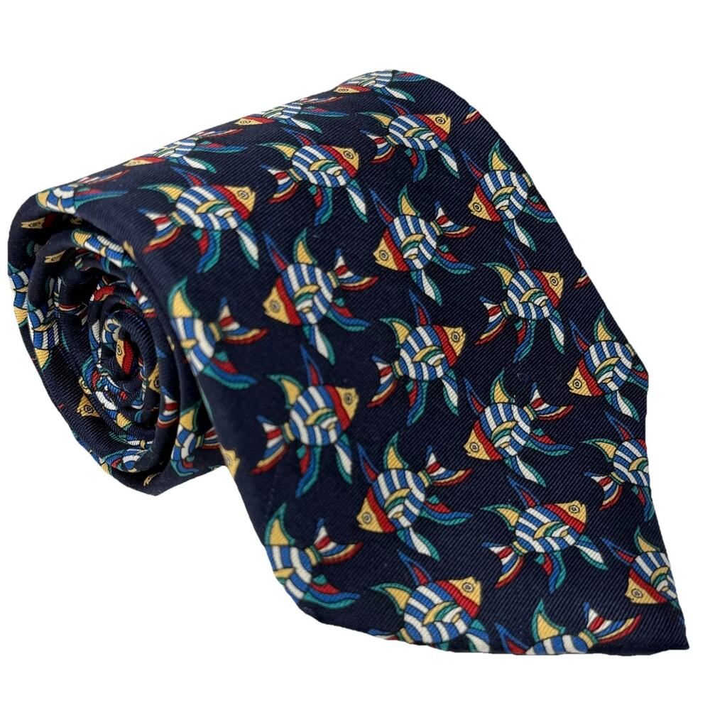 JOS A BANK Silk Tie 56”x3-3/4” Navy Blue w Colorful Angel Fish Necktie USA VGUC